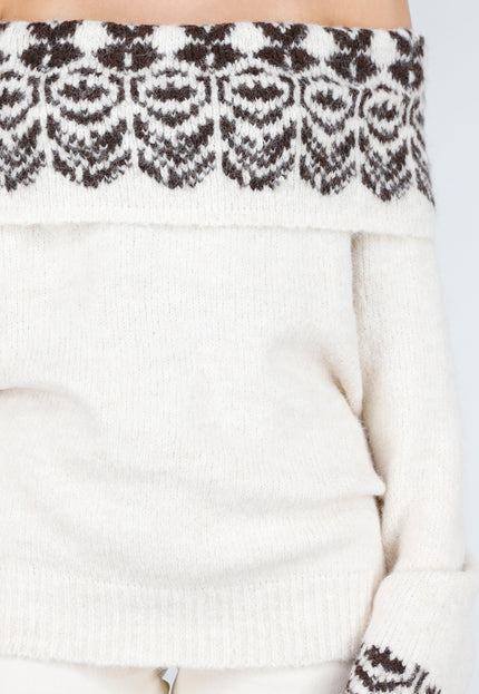 NEW121125 Crèmekleurige Off Shoulder Gebreide Trui