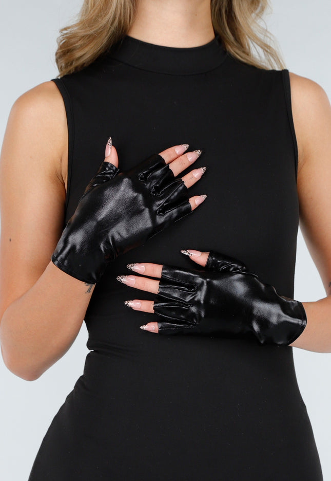 NEW121125 Zwarte Lederlook Stretch Handschoenen