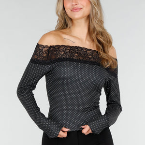 NEW121125 Zwarte Off Shoulder Polka Dot Top