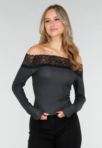 NEW121125 Zwarte Off Shoulder Polka Dot Top