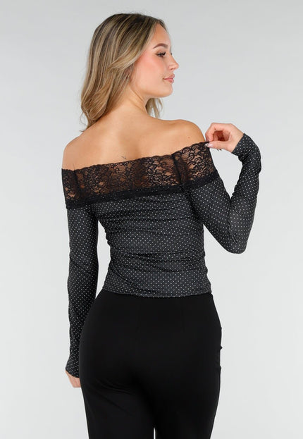 NEW121125 Zwarte Off Shoulder Polka Dot Top