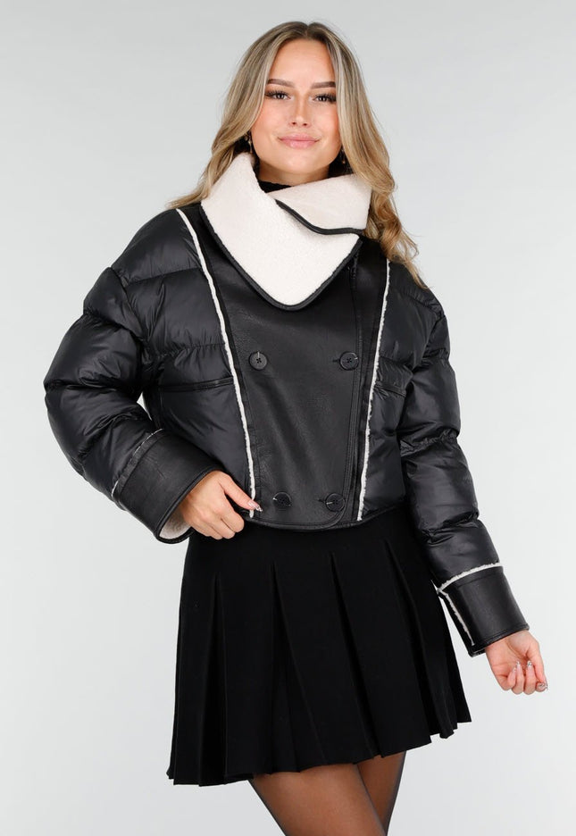 NEW121125 Zwarte Pufferjas met Sherpa Kraag