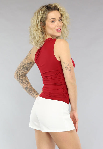 OP=OP.AV.09 Rode One Shoulder Top met Plooitjes