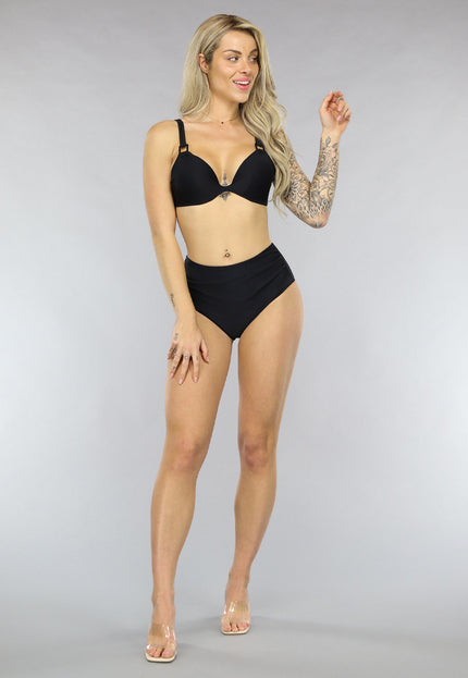 NEW1303 Zwart Geplooid High Waist Bikinibroekje