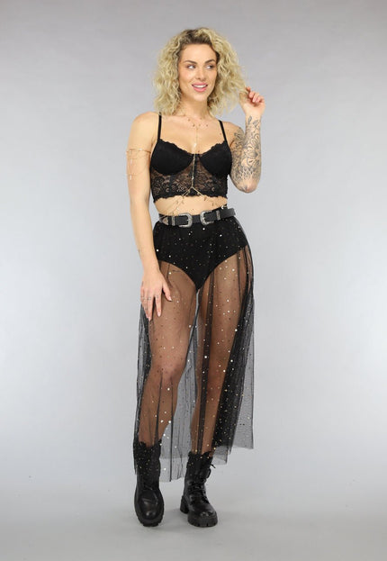 NEW1303 Zwarte Lange Festival Rok met Ingewerkt Broekje
