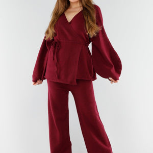 NEW130825 Bordeaux Gebreide Set Wijde Broek