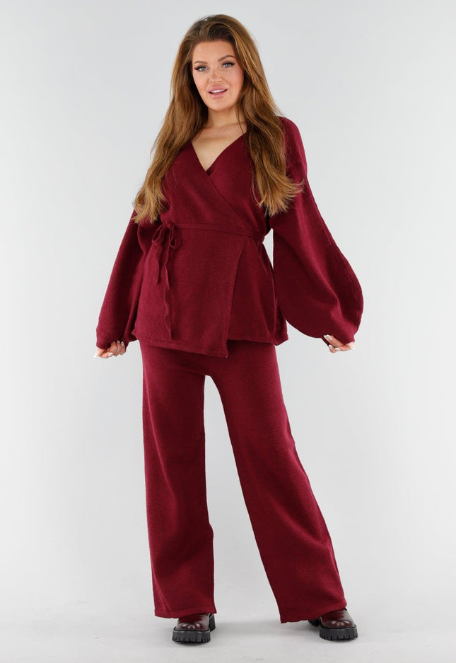 NEW130825 Bordeaux Gebreide Set Wijde Broek