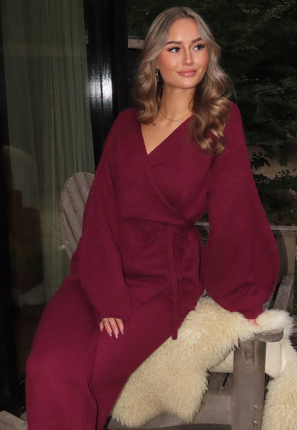 NEW130825 Bordeaux Gebreide Set Wijde Broek