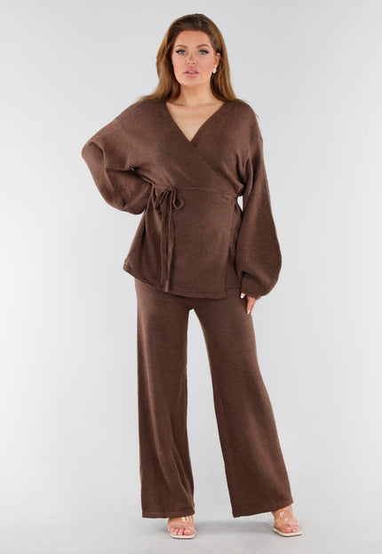 NEW130825 Bruine Gebreide Set Wijde Broek