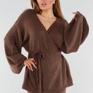 NEW130825 Bruine Gebreide Set Wijde Broek