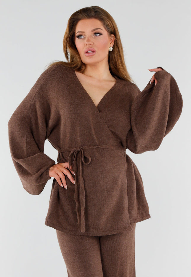 NEW130825 Bruine Gebreide Set Wijde Broek