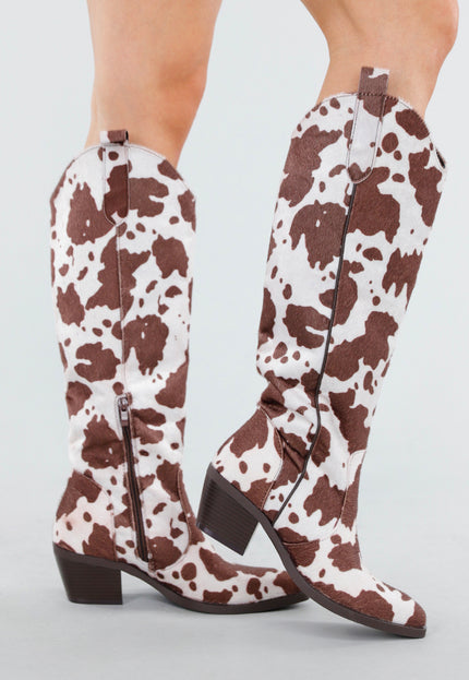 NEW130825 Cowboylaarzen Koeienprint Bruin-Wit