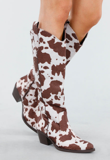 NEW130825 Cowboylaarzen Koeienprint Bruin-Wit