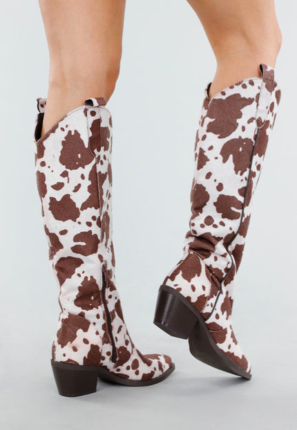 NEW130825 Cowboylaarzen Koeienprint Bruin-Wit