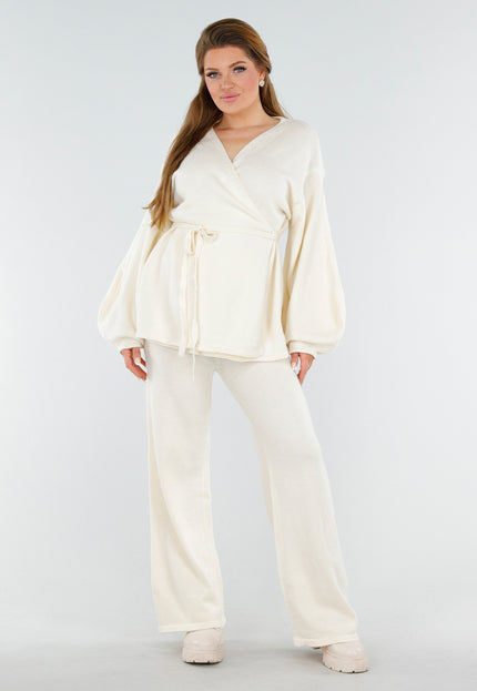 NEW130825 Crème Gebreide Set Wijde Broek