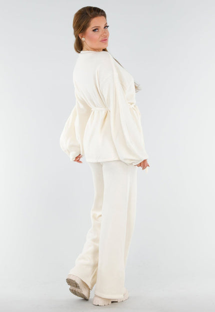 NEW130825 Crème Gebreide Set Wijde Broek