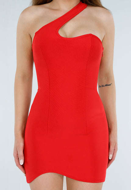 NEW130825 Rode One Shoulder Mini Jurk