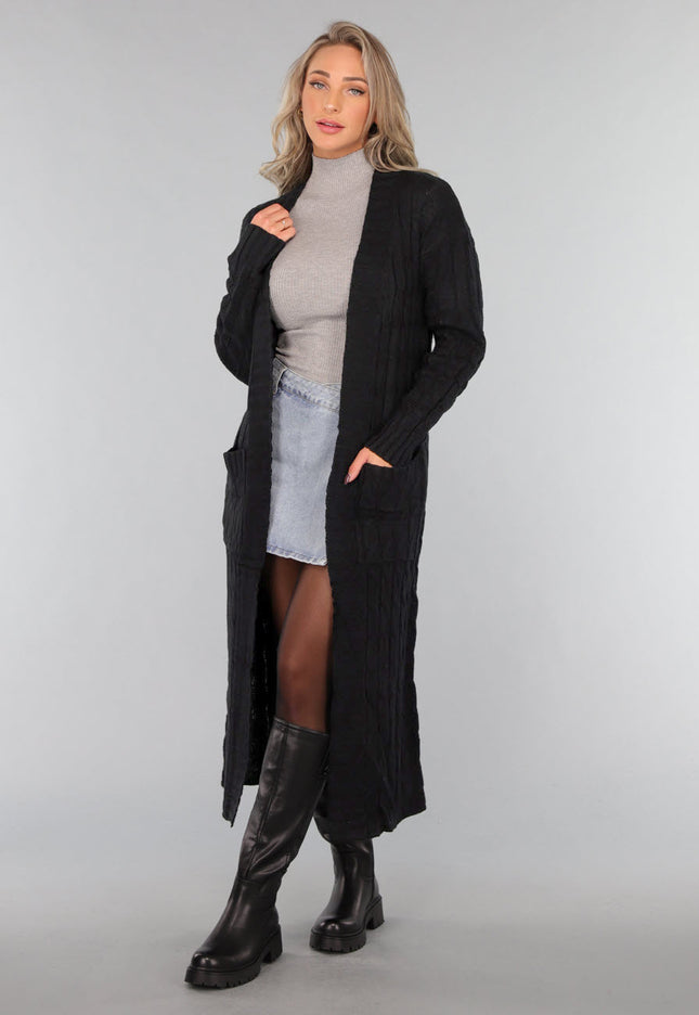 OP=OP.48.S Lange Zwarte Cardigan met Zakken