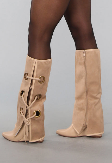 OP=OP.42.NL Taupe Overslag Laarzen met Sleehak