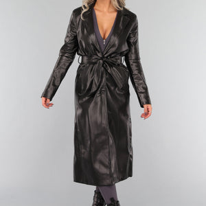 NEW1311 Zwarte Lederlook Trenchcoat met Tailleband
