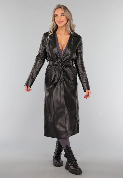 NEW1311 Zwarte Lederlook Trenchcoat met Tailleband