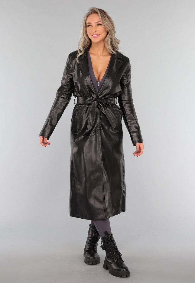 NEW1311 Zwarte Lederlook Trenchcoat met Tailleband