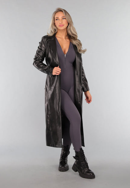 NEW1311 Zwarte Lederlook Trenchcoat met Tailleband