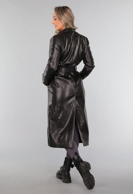 NEW1311 Zwarte Lederlook Trenchcoat met Tailleband
