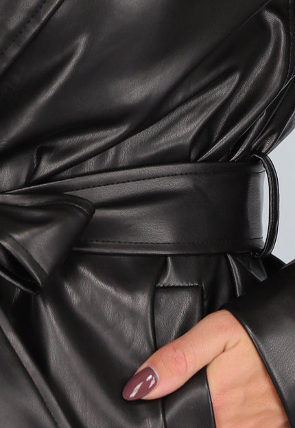 NEW1311 Zwarte Lederlook Trenchcoat met Tailleband