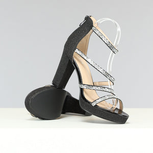 OP=OP.AV.12 Zwarte Glitter Hakken met Strass Bandjes