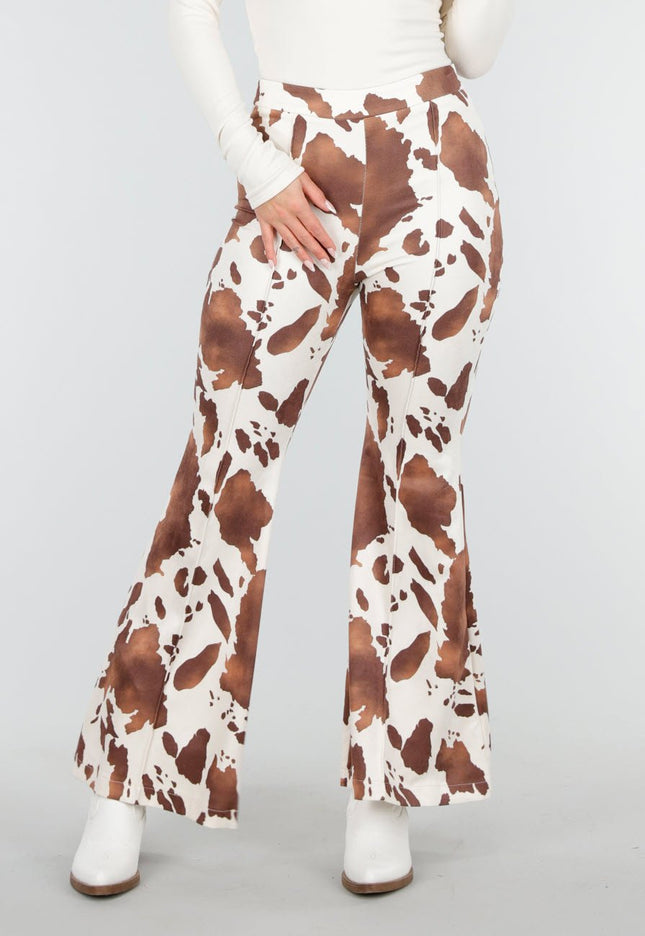 NEW140126 Cow Print Flared Suede Broek Bruin