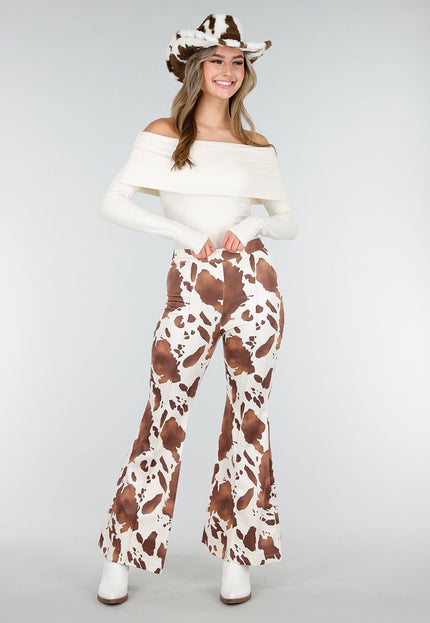 NEW140126 Cow Print Flared Suede Broek Bruin