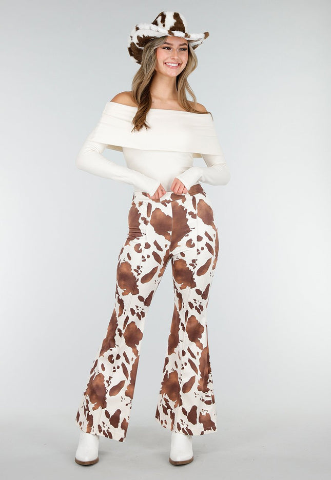 NEW140126 Cow Print Flared Suede Broek Bruin
