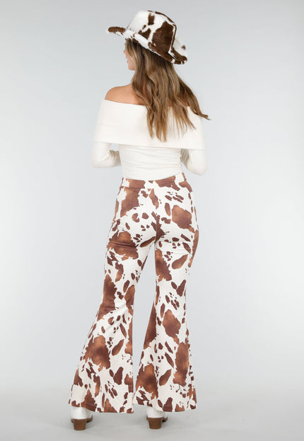 NEW140126 Cow Print Flared Suede Broek Bruin