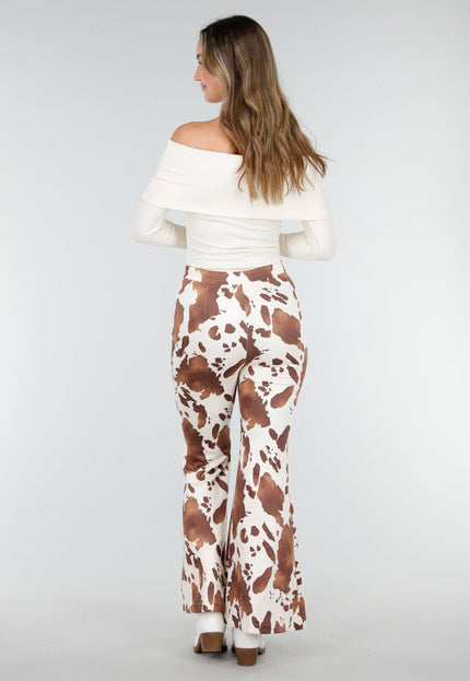 NEW140126 Cow Print Flared Suede Broek Bruin