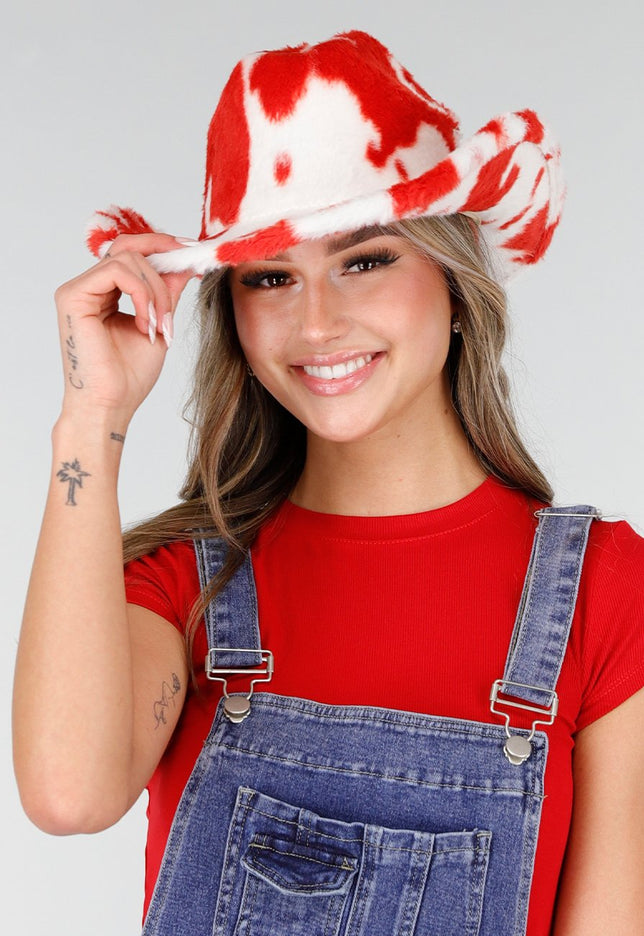 NEW140126 Rode Koeienprint Cowboyhoed