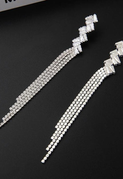 NEW1402 Lange Zilveren Strass Oorbellen met Zigzag