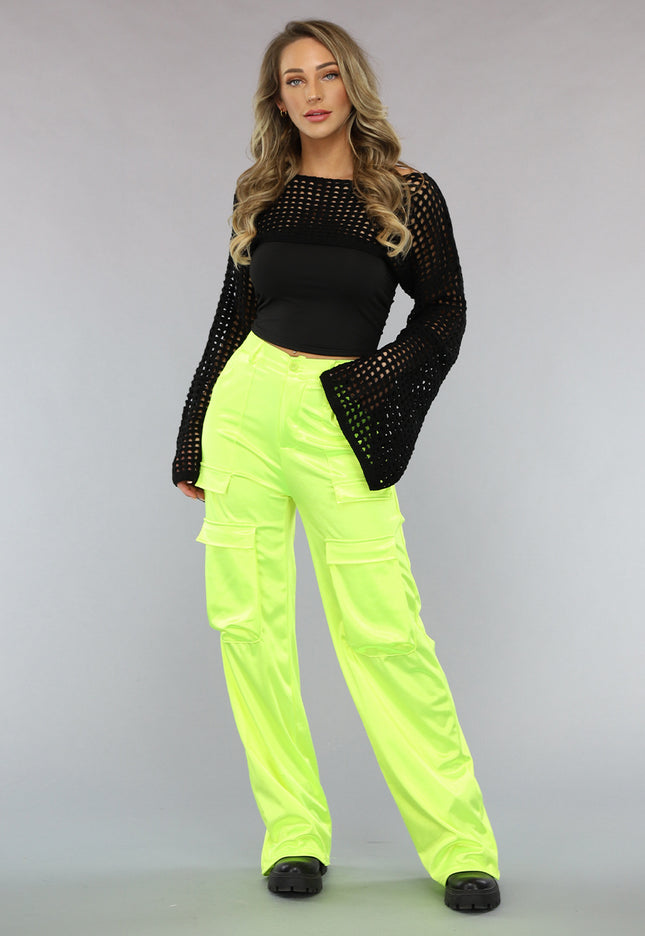 NEW1402 Neon Gele Cargo in Satijnen Stof