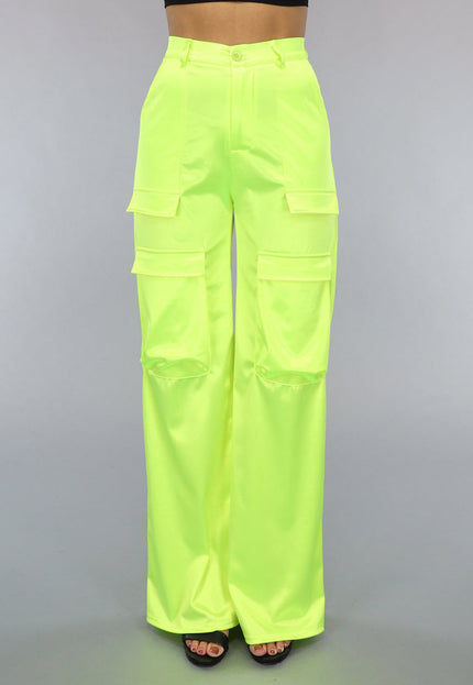 NEW1402 Neon Gele Cargo in Satijnen Stof