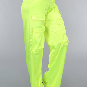 NEW1402 Neon Gele Cargo in Satijnen Stof