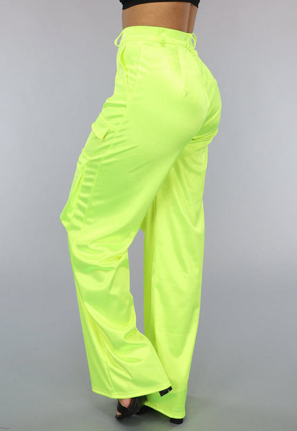 NEW1402 Neon Gele Cargo in Satijnen Stof