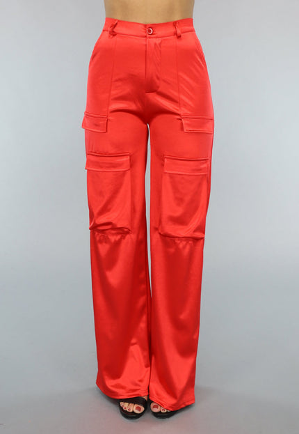 NEW1402 Rode Wide Leg Satin Utility Broek