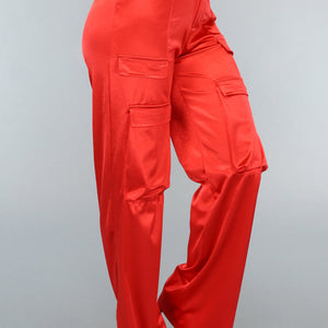 NEW1402 Rode Wide Leg Satin Utility Broek