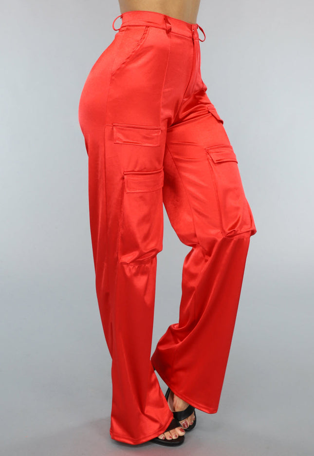 NEW1402 Rode Wide Leg Satin Utility Broek