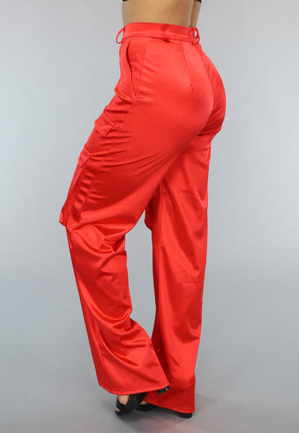 NEW1402 Rode Wide Leg Satin Utility Broek