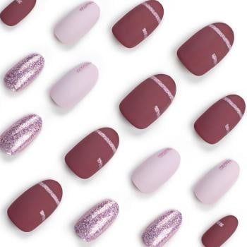 NEW1402 Roze Plaknagels met Glitter Details