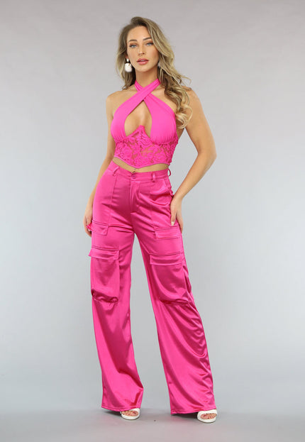 NEW1402 Roze Wide Leg Satin Utility Broek