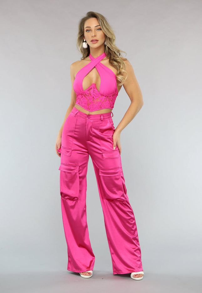 NEW1402 Roze Wide Leg Satin Utility Broek