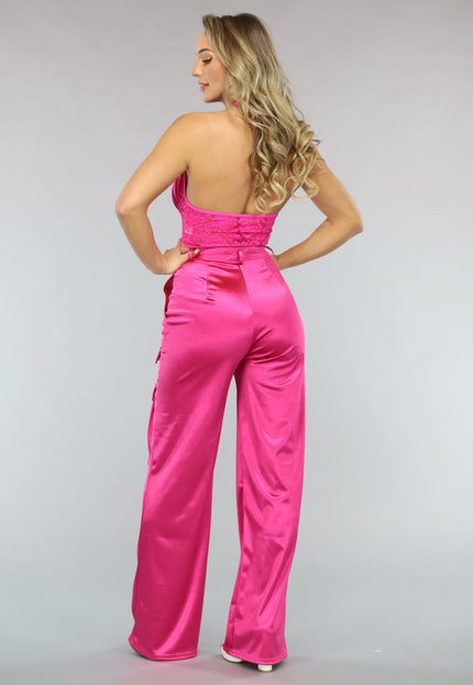 NEW1402 Roze Wide Leg Satin Utility Broek
