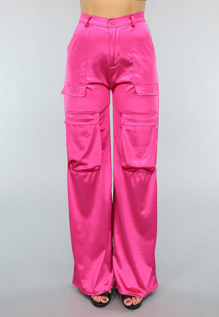 NEW1402 Roze Wide Leg Satin Utility Broek